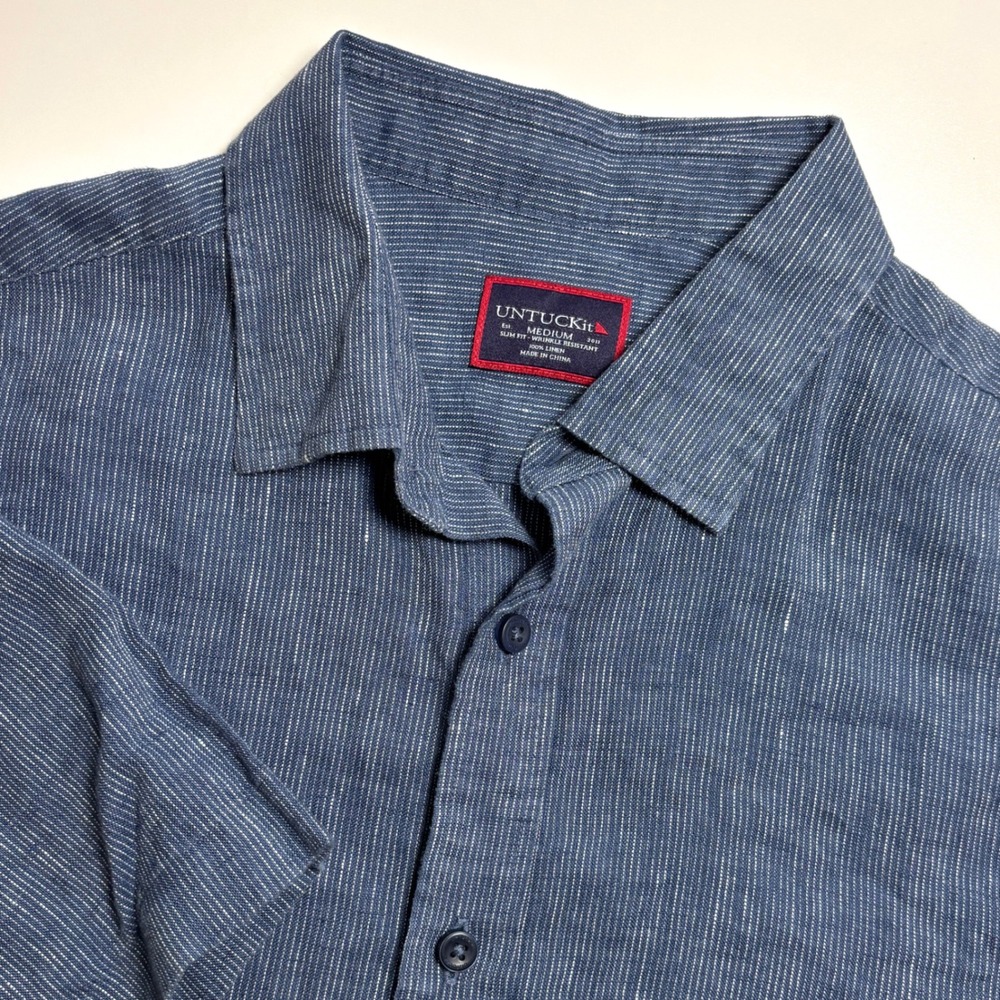 UNTUCKit Canon Linen Slim Fit Mens M Blue Heather Short Sleeve Button Down Shirt